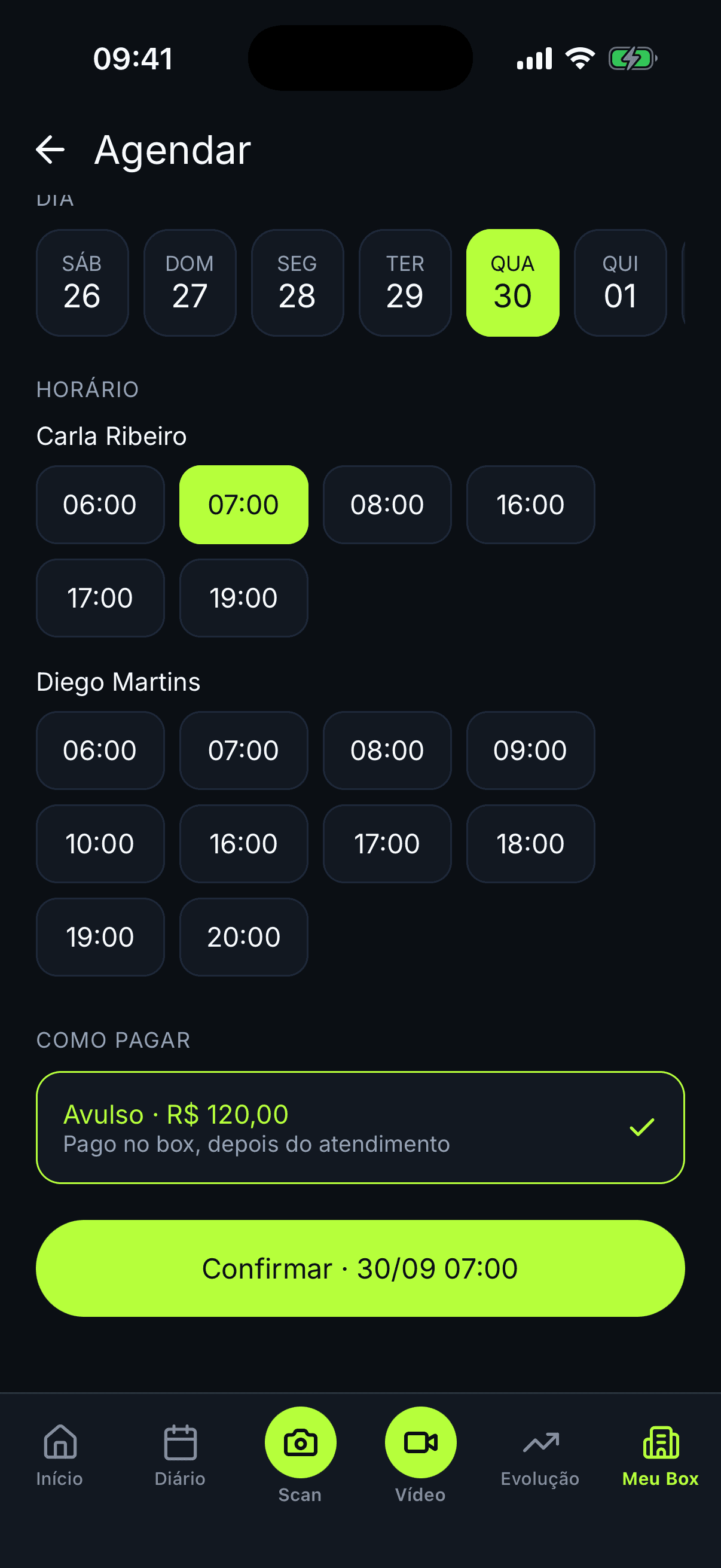 App BoxOS Atleta: agendamento de atendimento com horários por coach