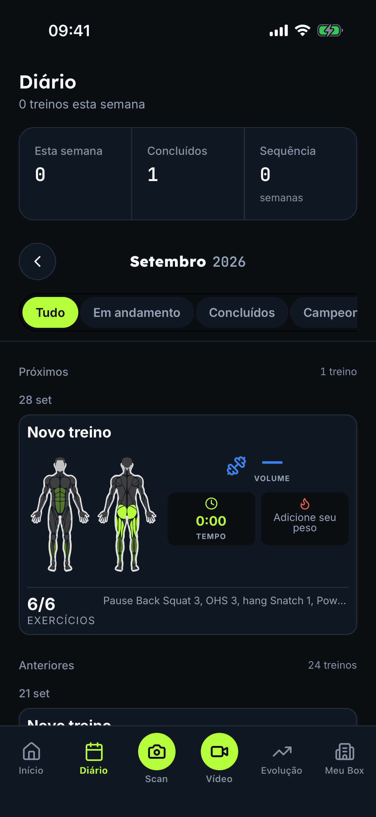 App BoxOS Atleta: diário com o treino do dia e os músculos trabalhados