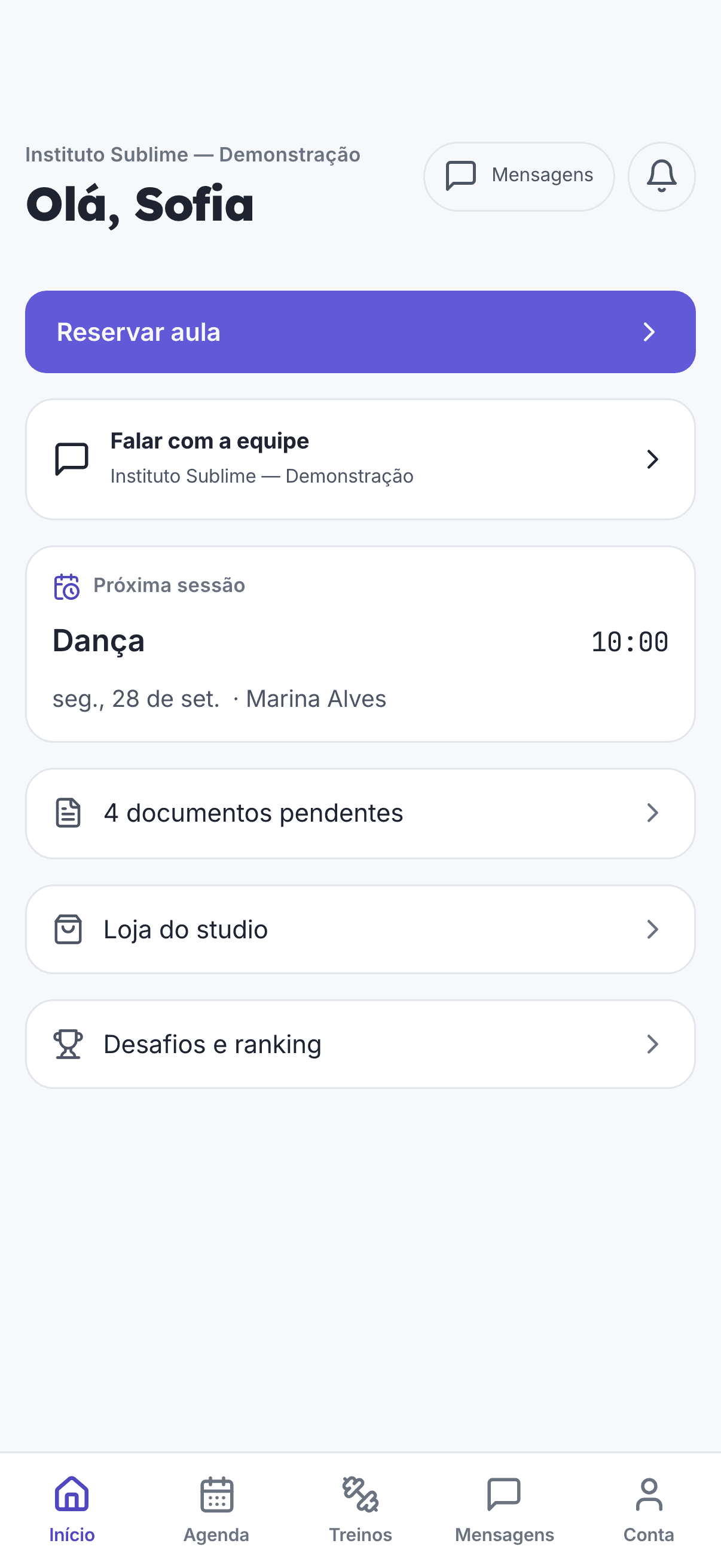 App StudioOS Aluno: início com reserva de aula e próxima sessão