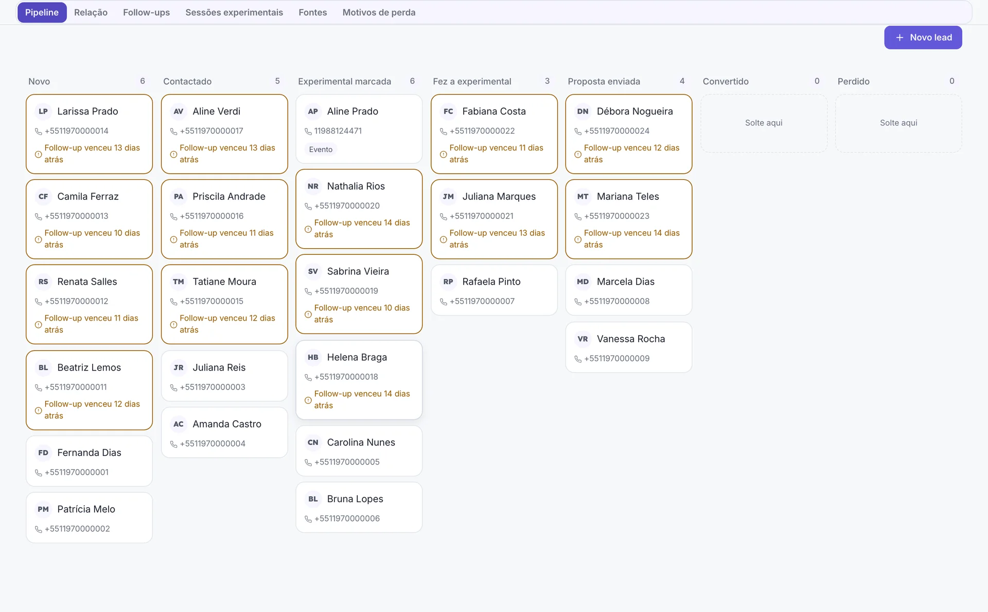 Funil de leads do StudioOS com etapas de contato, experimental e proposta